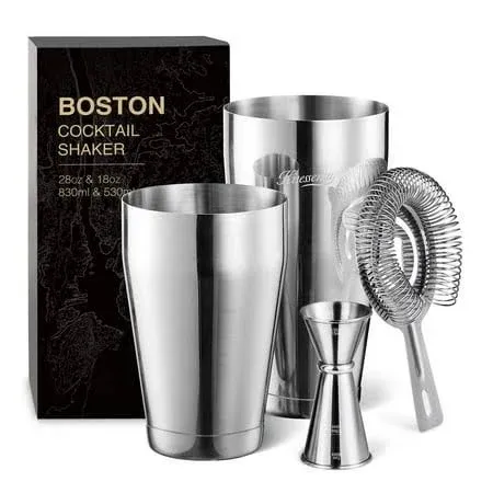 KITESSENSU Boston Cocktail Shaker Set, 4-Piece Boston Shaker Tins Bartender Kit with 18oz & 28oz Mixed Drink Shaker, Hawthorne Strainer, Double