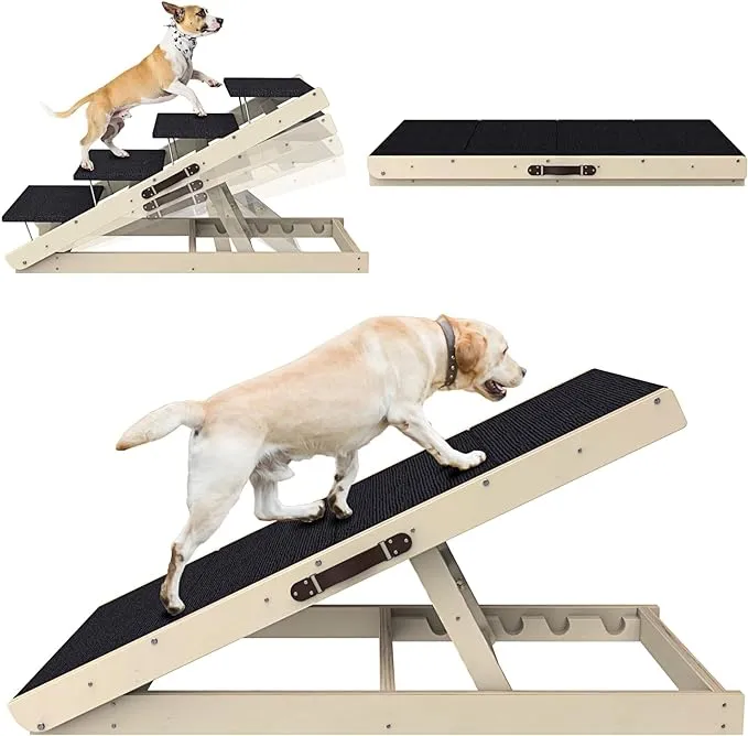 wofafa Dog Ramp, Adjustable Steps for High Bed, Folding Stairs Beds, Small & Large Dogs, Ramp Car with Non-Slip Surface, Wooden and Couch