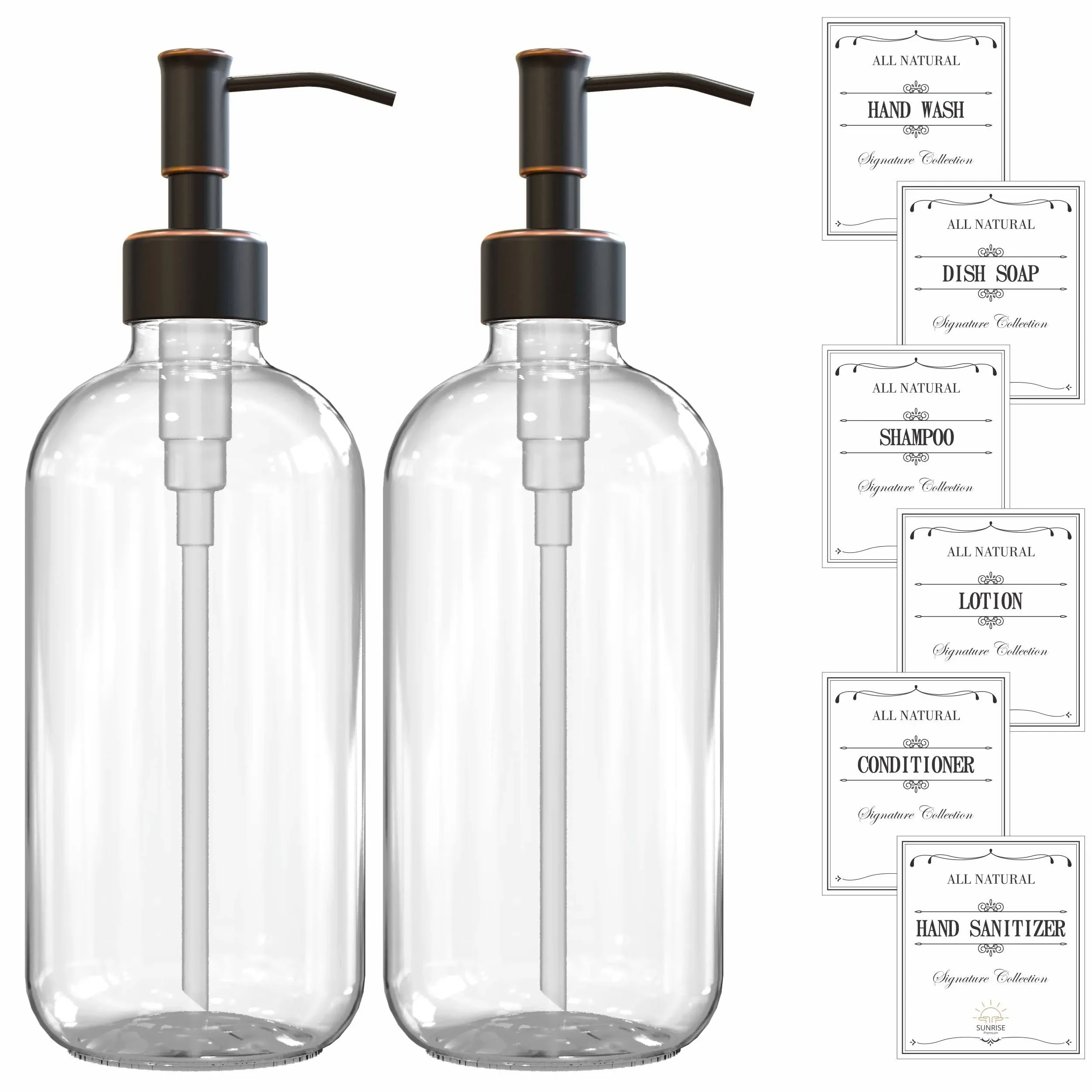 Sunrise Premium 2 Pack Clear Glass Soap Dispenser 16 oz with Oil Rubbed Bronze Stainless Steel Pump, Hand and Dish Soap Dispenser Set for Bathroom