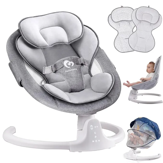 Bellababy Bluetooth Baby Swing for Infants, Compact & Portable Baby Rocker, 3 Seat Positions, 5 Swing Speed, 10 Lullabies, Remote Control, USB Plug-In