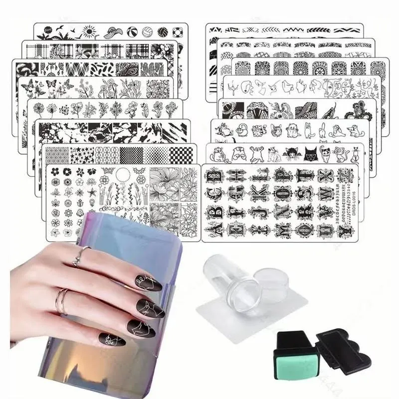 VNC 21 Pcs Nail Stamp Plates Set 16 Plate 2Stamper and 2 Scraper 1storage Bag ...