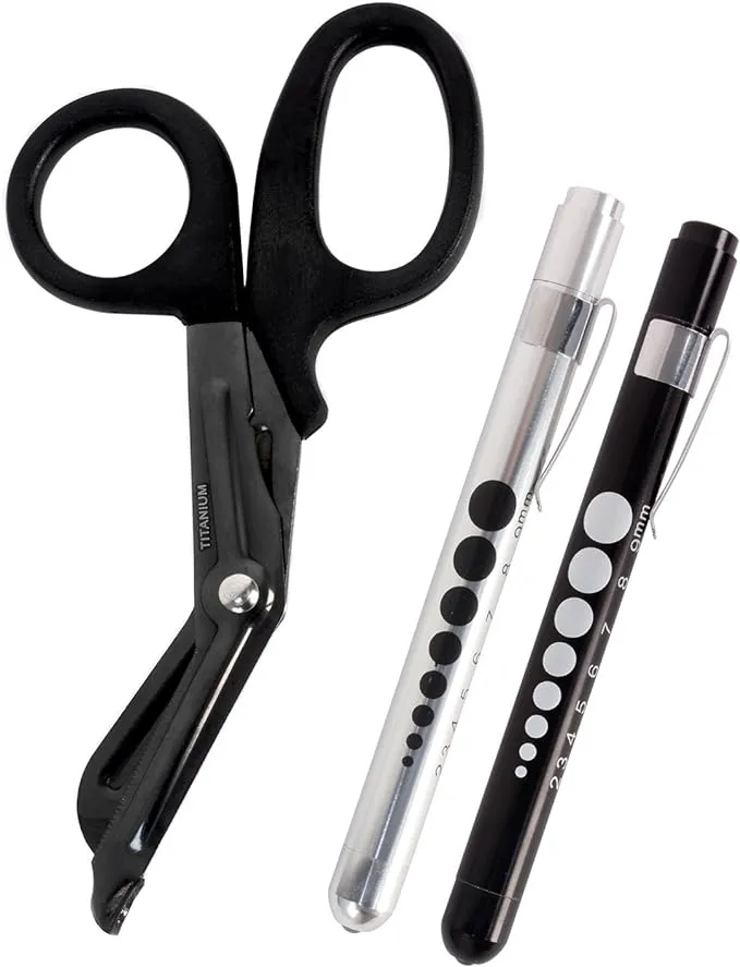 MediTac Titanium-Bonded EMT Trauma Shears 7 Black Medical Bandage Scissors with LED Pen Light Two Pack (Black & Silver)