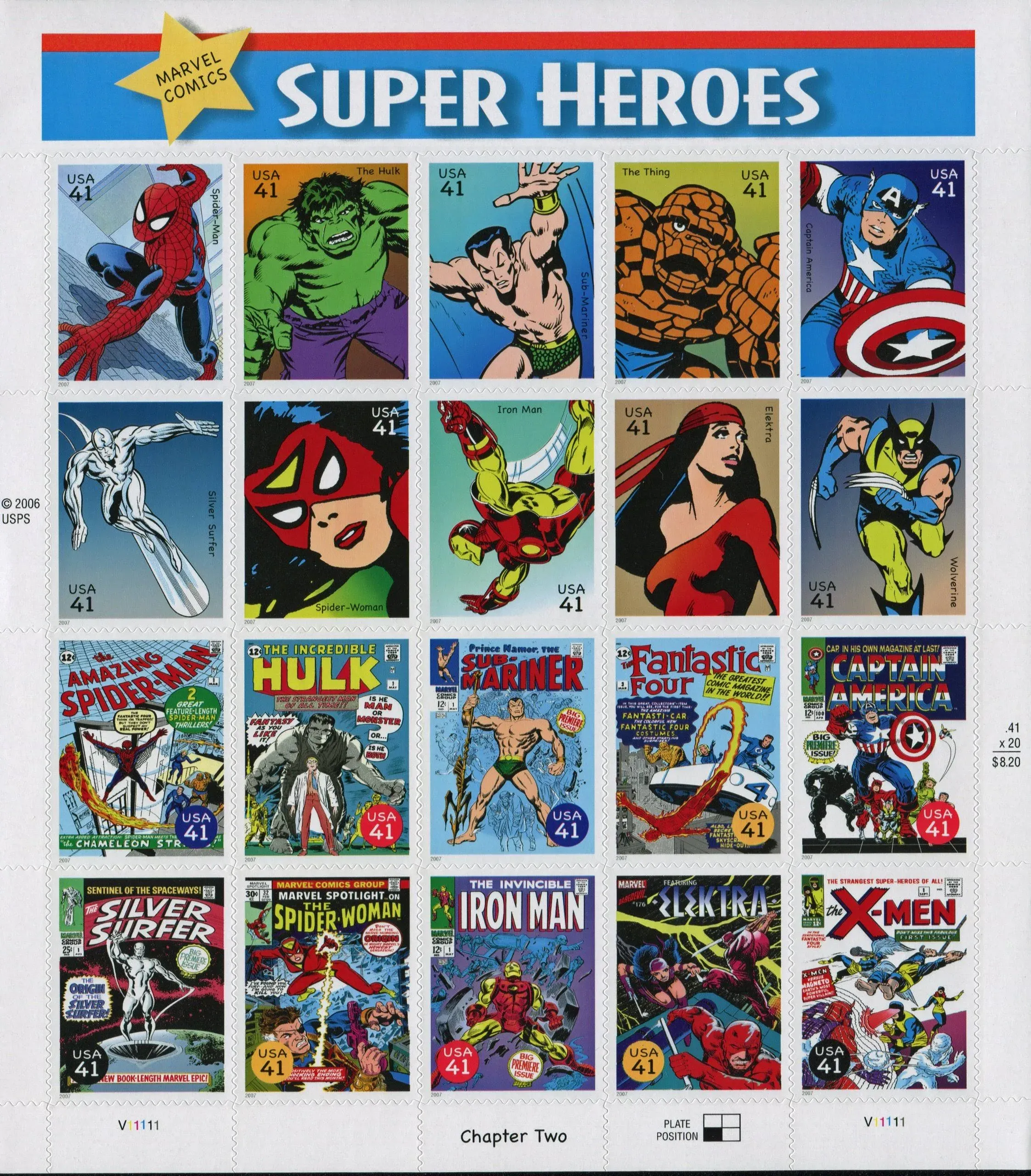 USPS 2007 Marvel Comics Super Heroes Sheet of Twenty 41 Cent Collectible Stamps ...