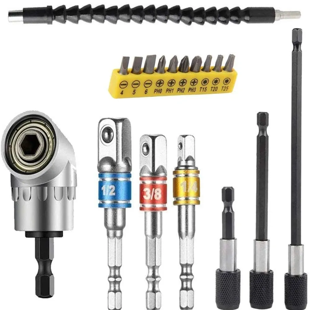 Flexible Drill Bit Extension Set, Includes 105° Right Angle Drill, Bendable Dril