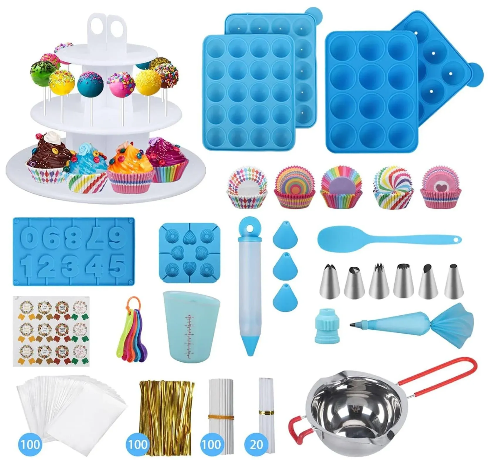 554PCS Cake Pop Maker Kit - Silicone Lollipop Molds Baking Supplies with 3 Tier Display Stand | Chocolate Candy Melting Pot | Bags and Twist Ties | Cakepop Sticks | Decorating Pen