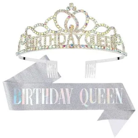 Cavetee AB Silver Birthday Crowns for Women Birthday Queen Sash and Tiara for ...