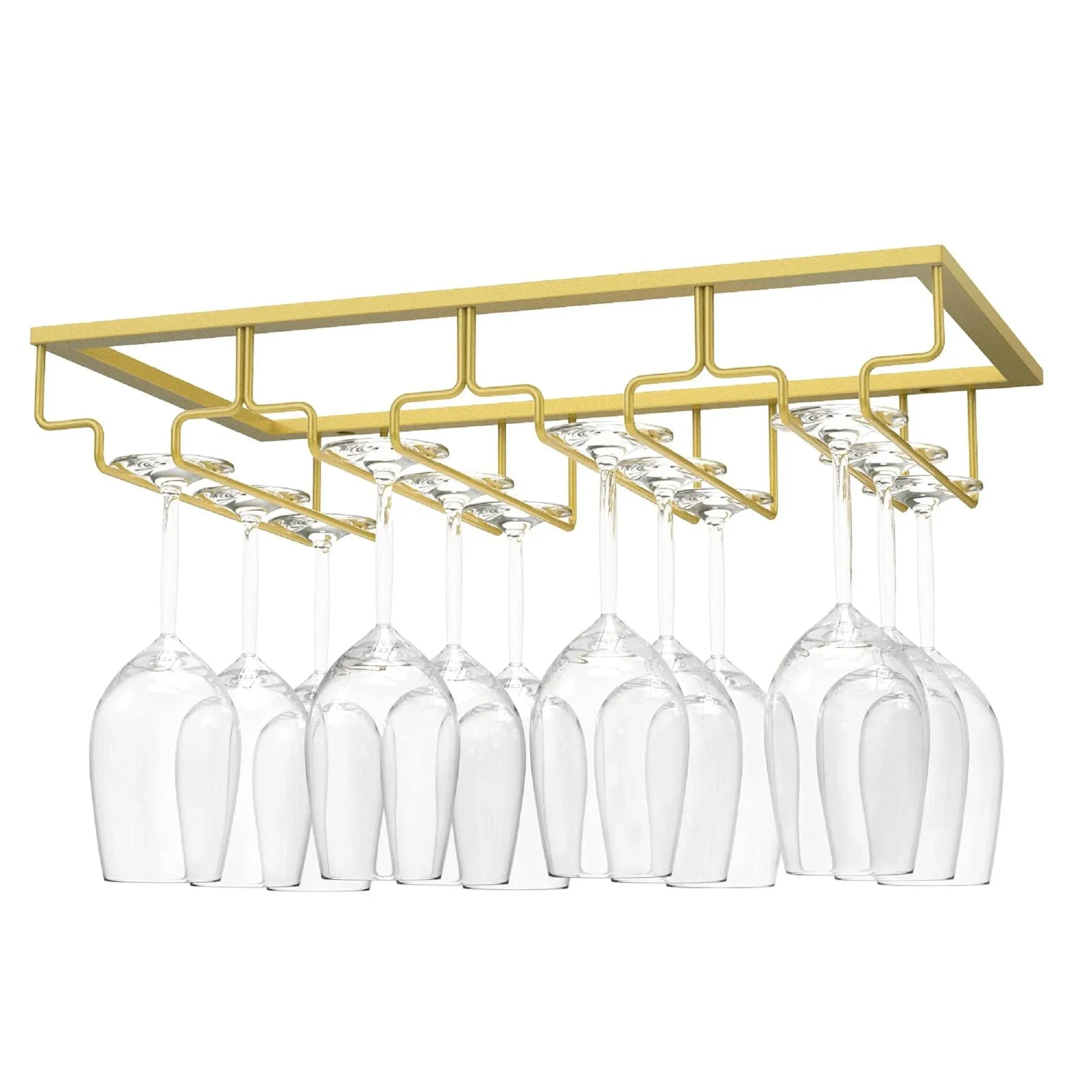 Nuovoware Wine Glass Rack, 4 Rows Wine Glass Holder Storage Hanger Metal Organizer Under Cabinet Stemware Rack for Bar Kitchen Cabinet, Nano Golden