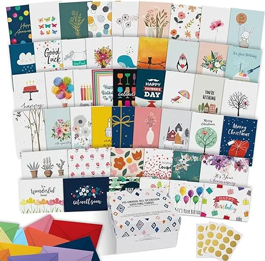 Dessie 110 Unique All Occasion Card Assortment with Envelopes 5x7. Greeting Cards Assortment Box All Occasion with Inside Message. Includes Birthday Cards , Sympathy Cards, Thinking Of You Cards, Holiday Cards