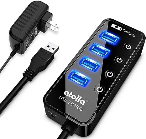 atolla 4-Port USB 3.0 Hub with 4 USB 3.0 Data Ports and 1 USB Smart Charging Port, USB Splitter with Individual On/Off Switches and 5V/3A Power Adapter