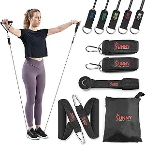 Sunny Health & Fitness Premium Resistance Band Set with Door Anchors, Wrist Straps, Handles & Carry Bag – Exercise Stretch Bands for Strength Training, Muscle Recovery, Yoga and More - NO. 089-COMBO