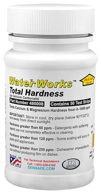 Industrial Test Systems WaterWorks 481108 Total Hardness Test Strip, 3 Second Test, 0-1000ppm Range, Our #1 Test Strip for Total Hardness, Bottle of 50 Tests, Tan