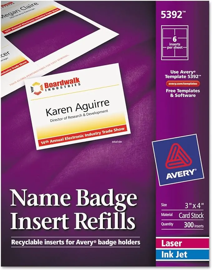 Avery Customizable Name Badge Inserts, 3" x 4", White, Print or Write, Laser/Inkjet, 300 Badge Inserts (5392)