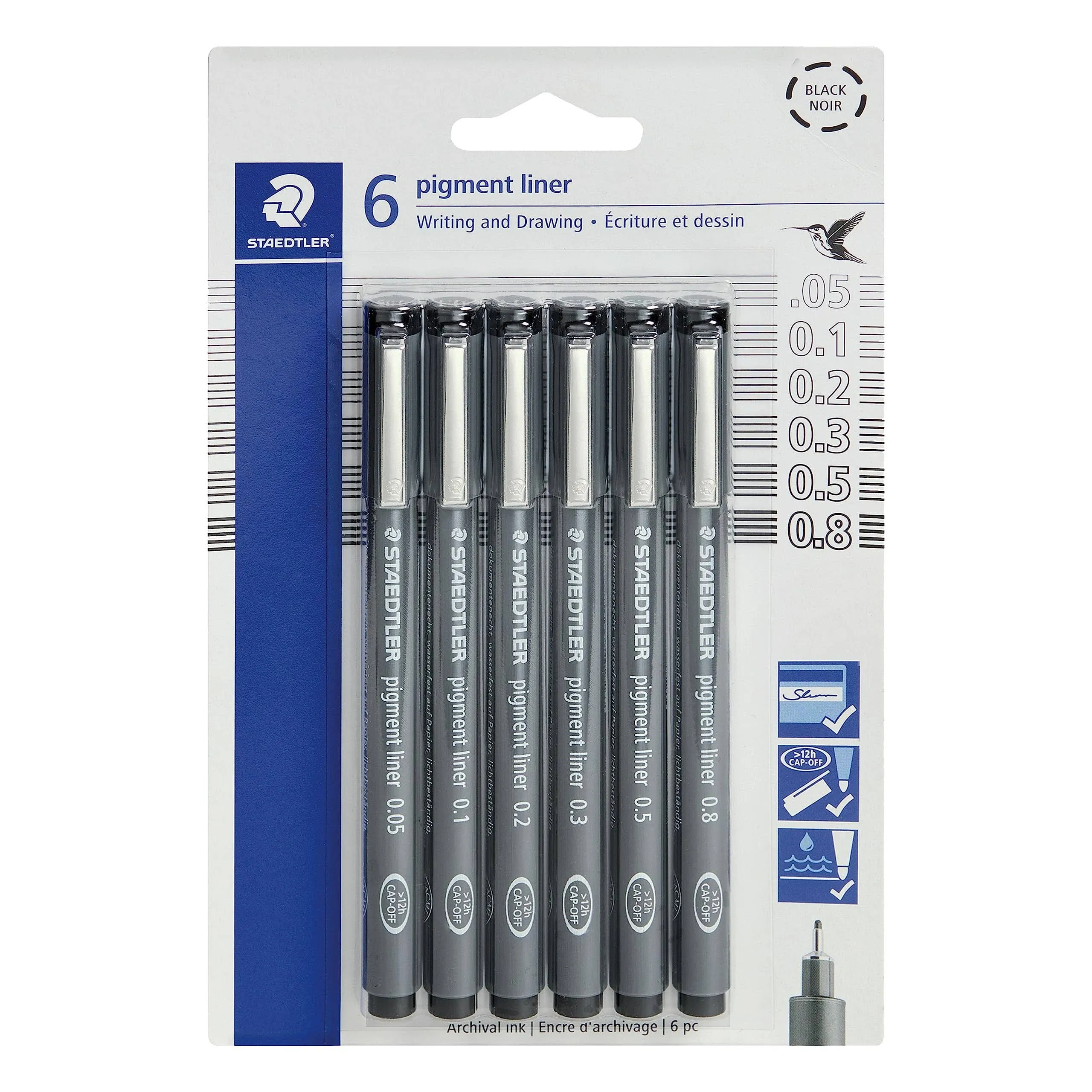 Pigment Liner Pack, Black, 6 Pens, Assorted Line Widths, 0.05Mm, 0.1Mm, 0.2Mm, 0