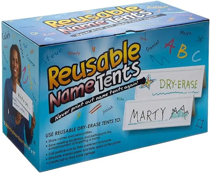 Trainers Warehouse Standard Size (11" x 4") Reusable Dry- Erase Name Cards | Boxed Set of 12 | Durable, Sturdy Tent Cards are Dual-Sided, Stackable and Simple to Use