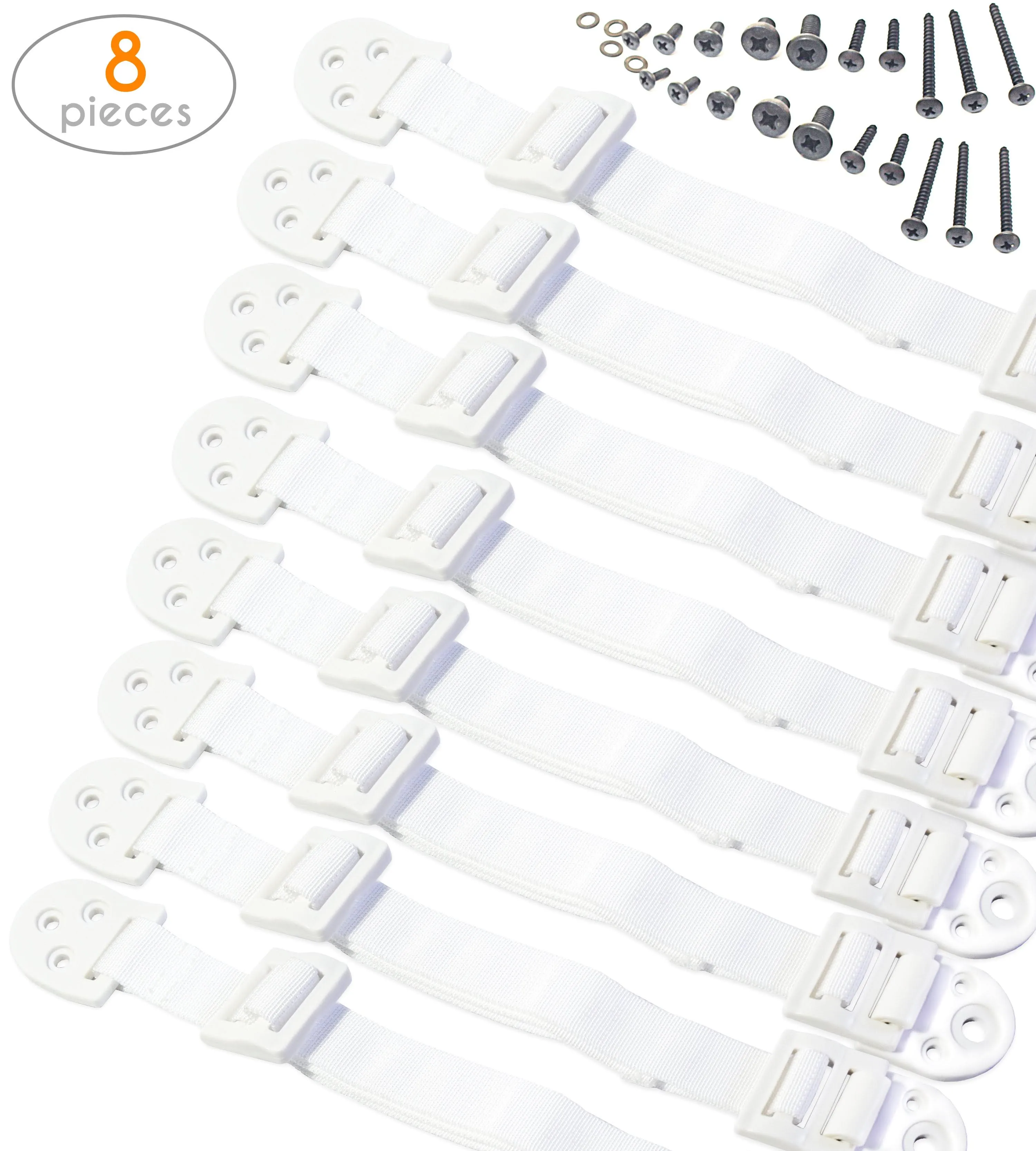 Boxiki Kids Adjustable Anti-Tip Furniture Anchors for Baby Proofing and Dresser Anchoring Kit. 8 PC Wall Anchors and Earthquake Straps. Baby Safety Kit and Home Safety Furniture Straps (White)