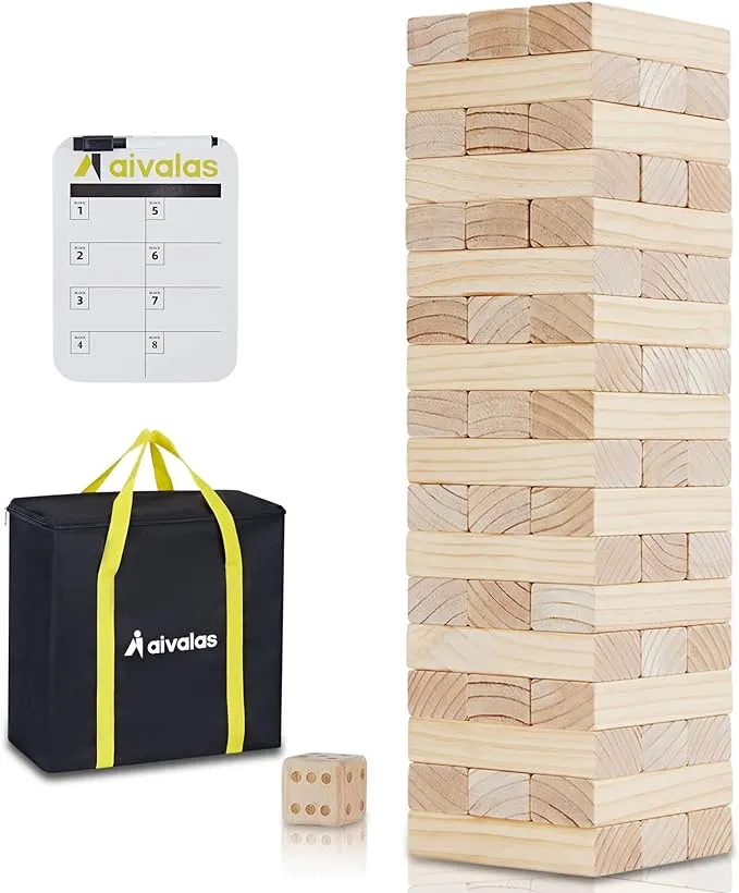 Aivalas Giant Tumble Tower, 56 Blocks Outdoor Games with Scoreboard and Carrying Bag, Backyard Lawn Games Stacking from 2ft to Over 4.2ft for Kids