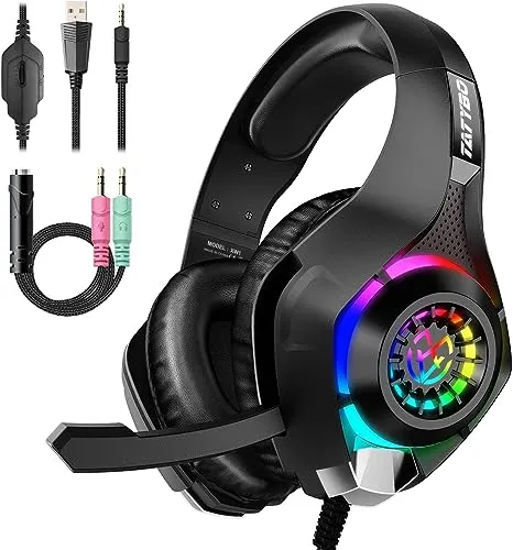 Tatybo Gaming Headset for PS4 PS5 Switch Xbox One PC with RGB Light, Noise Canceling Mic, Surround Sound Gaming Headphones