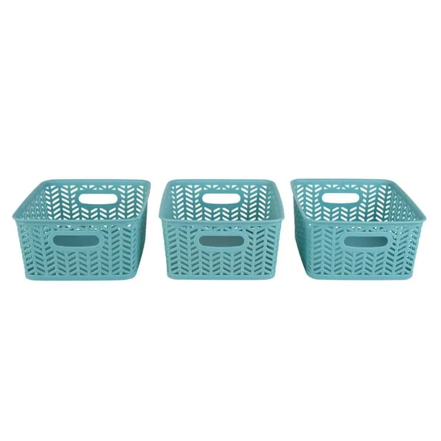 Simplify 3 Pack Small Plastic Storage Basket with Handles in Dusty Blue