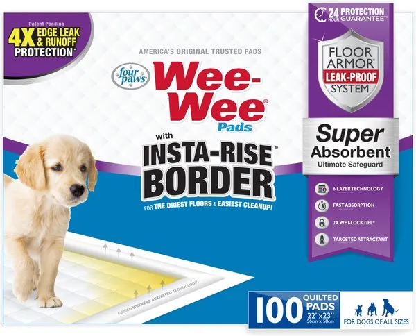 Four Paws Wee-Wee Super Absorbent Dog Pads with Insta-Rise Border - Dog & Puppy Pads for Potty Training - Dog Housebreaking & Puppy Supplies - 22" x 23" (100 Count),White