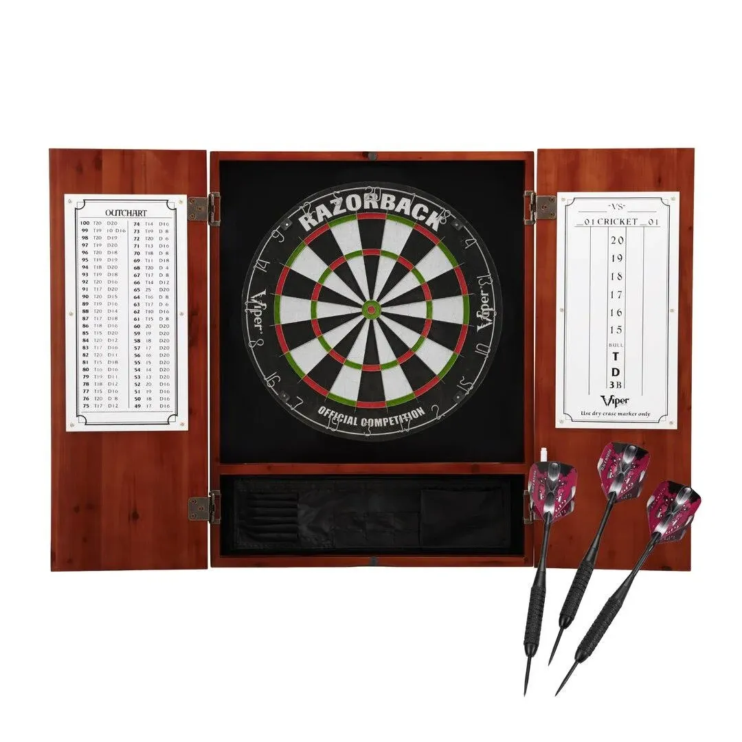 Viper Metropolitan Solid Wood Cabinet & Sisal/Bristle Dartboard Ready-to-Play Bundle with Steel-Tip Darts, Integrated Storage, Dry Erase Scoreboard & Out-Chart in Multiple Stain Options