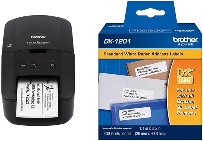 Brother Economic Desktop Monochrome Label Printer QL-600, QL600, 2.4" Label Width & Genuine DK1201 Die-Cut Standard Rolled Address Labels for QL Printers, (DK1201)