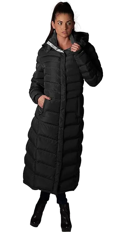 Women's Full Length Fleece Lined Puffer Long Coat with detachable hood.