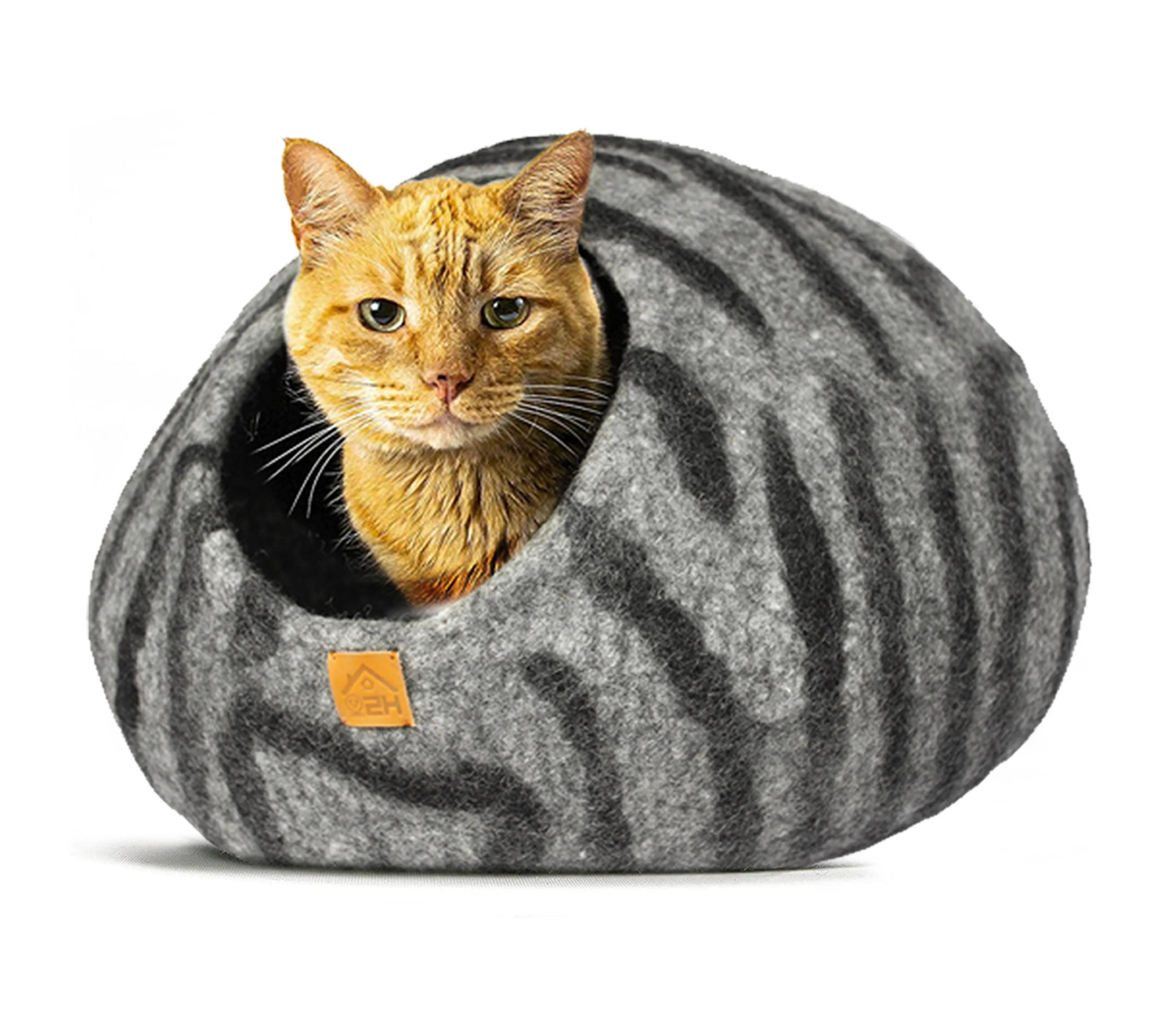 Large Wool Cat Cave Premium Felt Bed for Cats & Kittens Pet House Natural 100% Merino Wool Handmade Indoor Hideaway Eco-Friendly Cove 19 Inch Diameter Round Handcrafted Dome (Dark Gray Tiger)