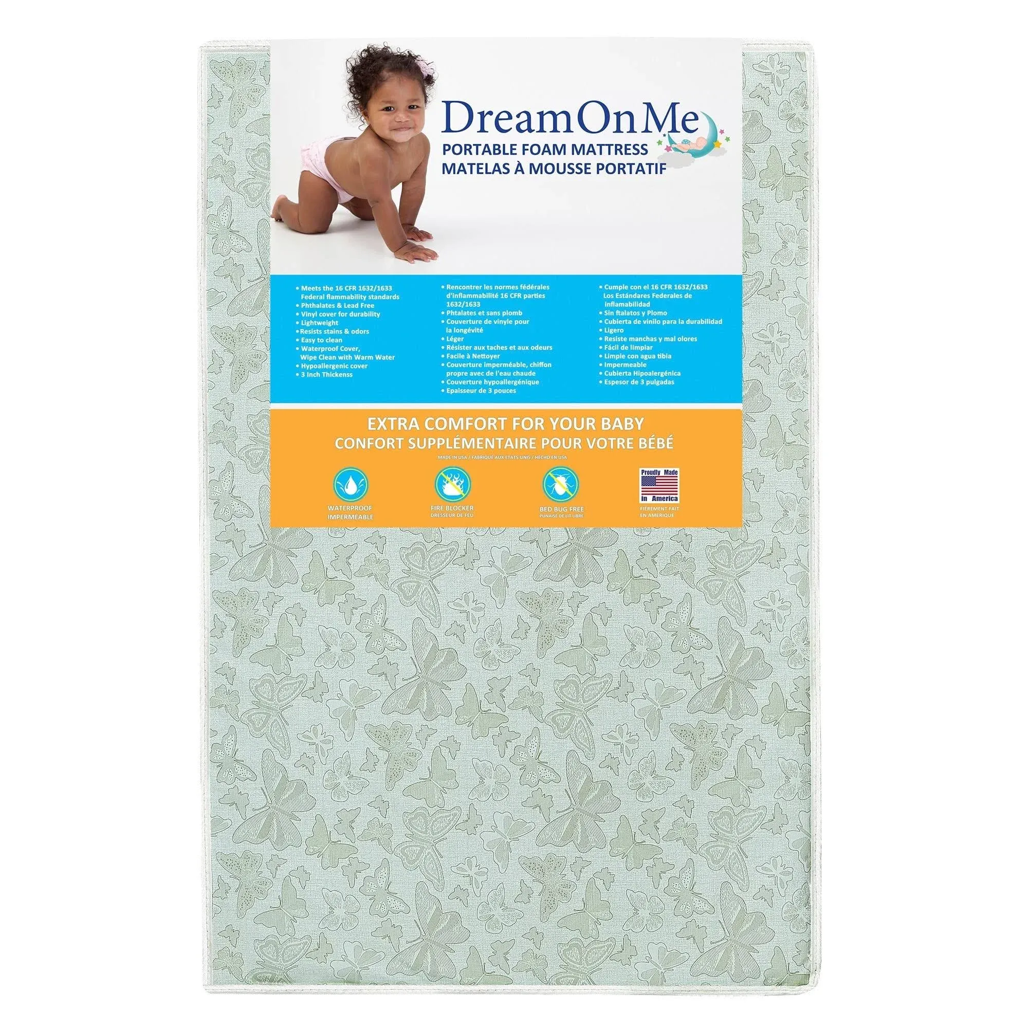 Dream On Me Two-Sided Portable Crib Foam Mattress, Green, 3"