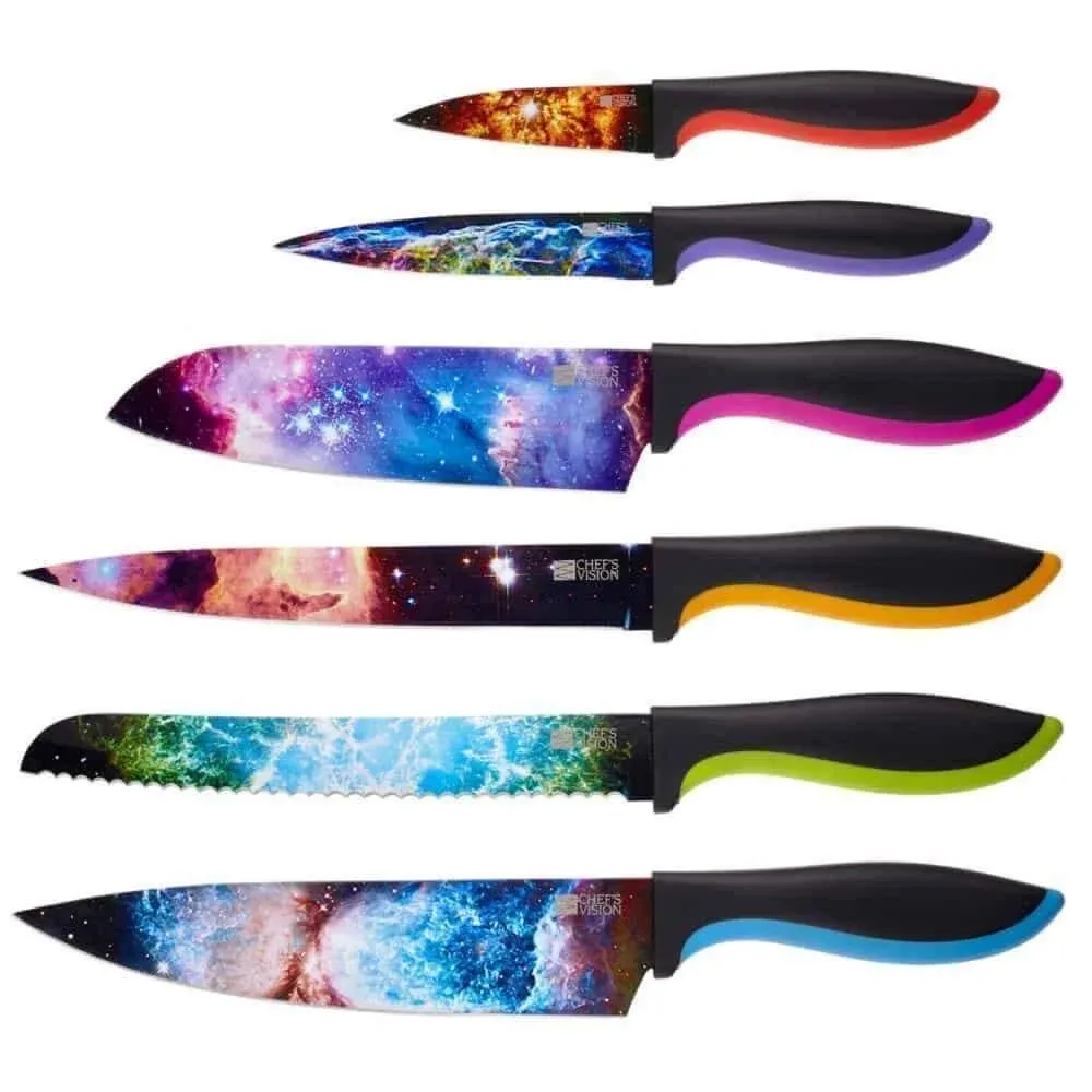 CHEF'S VISION Cosmos Knife Set - 6-Piece Stainless Steel Cutting Knives Set for Kitchen with Vibrant Cosmos Design - Great House Warming Gift for Women or Men - Unique Kitchen Knife Set Gift