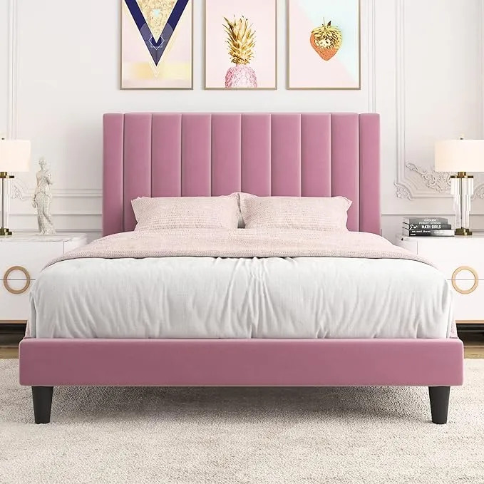 Allewie Bed Frame/Velvet Upholstered Platform Bed/Vertical Channel Tufted Headboard/Strong Wooden Slats Spring