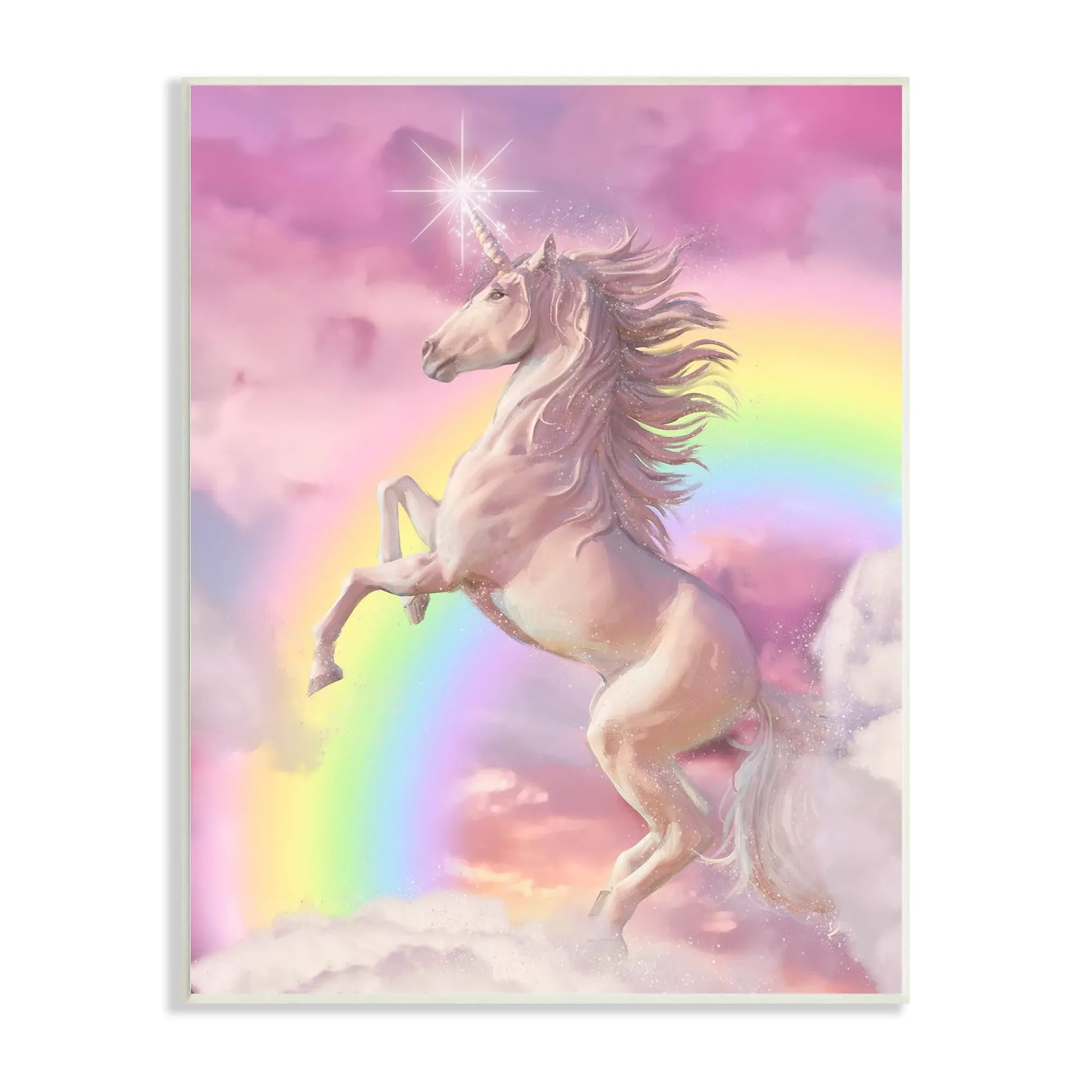 Stupell Industries Dazzling Unicorn Fluffy Pink Clouds Fantasy Rainbow Graphic ...