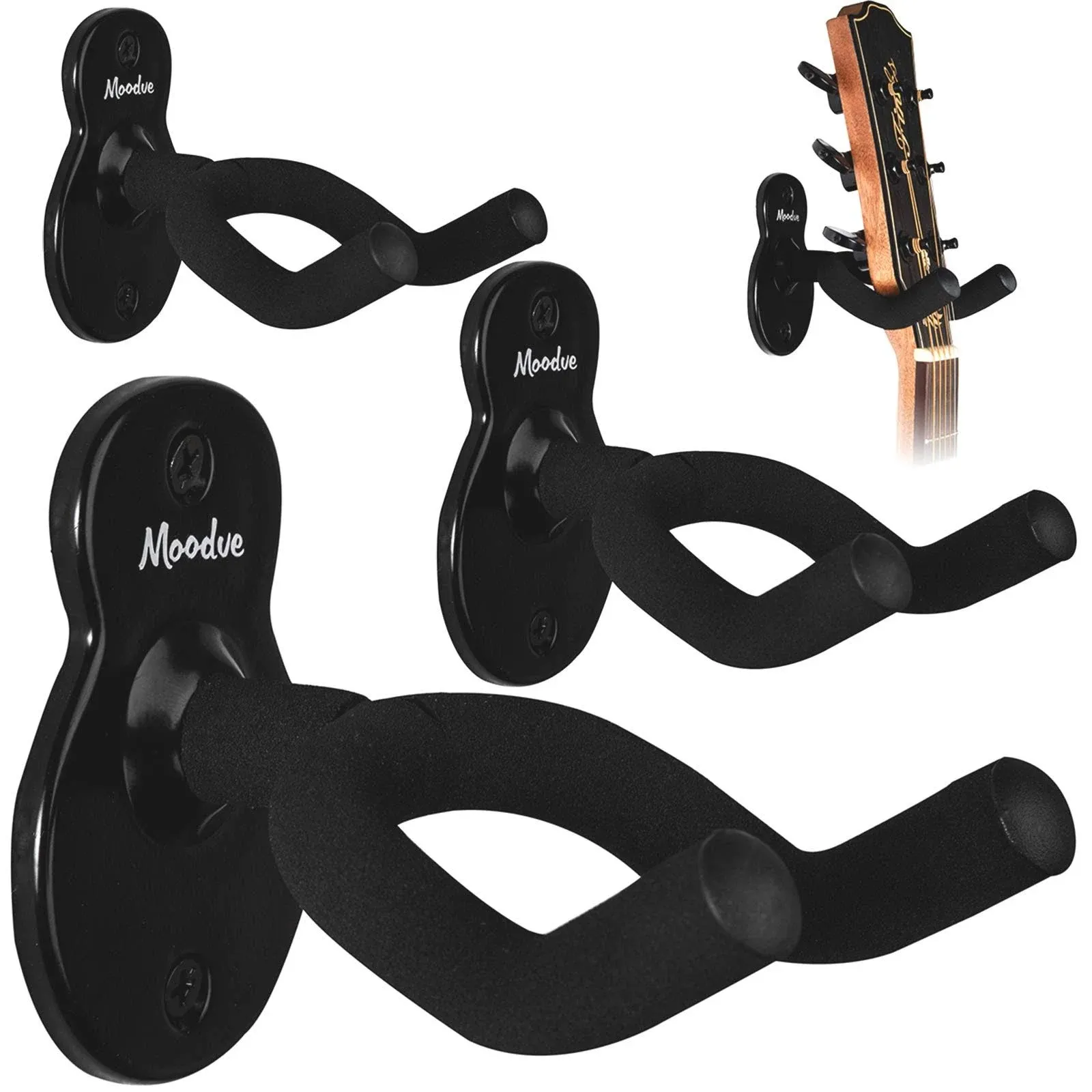 Guitar Wall Mount Hanger 4-Pack, Moodve Metal Guitar Hanger, Guitar-Shaped Guitar Wall Hanger, Black Guitar Holder Stand for Bass Electric Acoustic Guitar Ukulele (Guitar Shape)