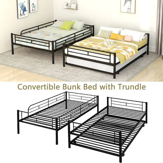 Heavy Duty Metal Bunk Bed Twin Over Twin Bunk Bed with Trundle Bed, Kids Bunk Bed ...