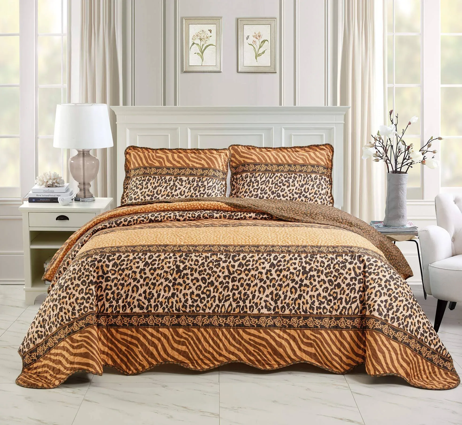  3-Piece Fine Animal Print Oversize Queen Leopard Tiger Brown Black Stripe