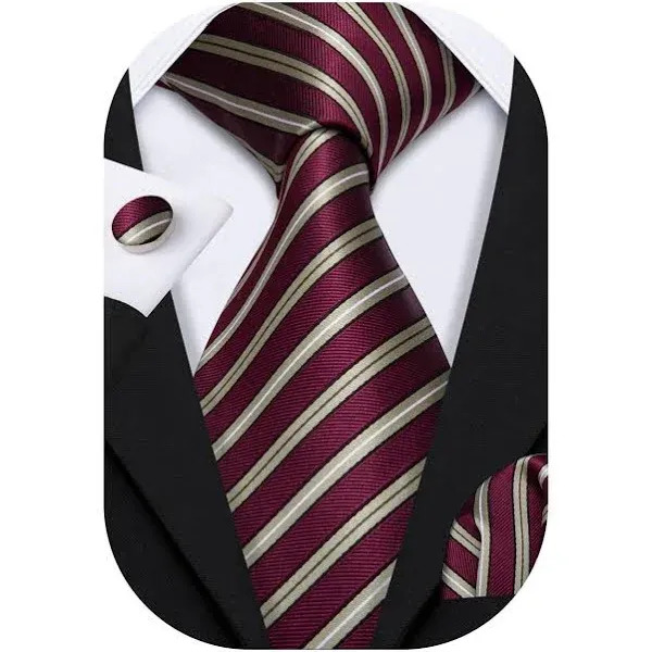 Barry.Wang Stripe Men Ties Set Classic Woven Necktie with Handkerchief Cufflinks Formal