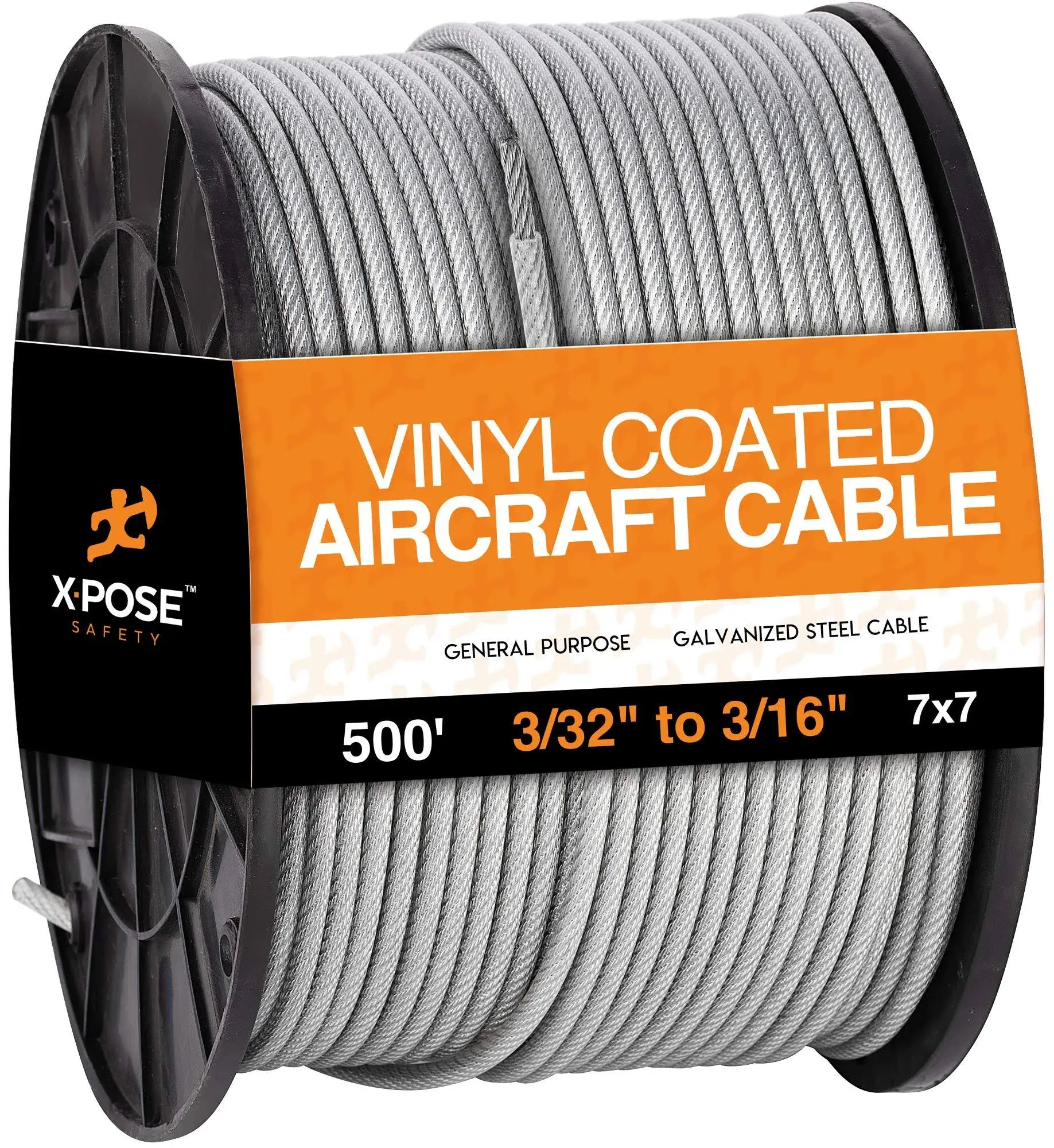 Xpose Safety - 7x7 Vinyl Coated Galvanized Steel Aircraft Cable Wire 500' Reel - 3/32 In to 3/16 In - for Pulley System or Winch Loop - Marine Wire, Cable Railing, Deck Railing, Fencing -