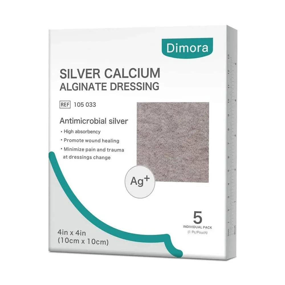 Dimora Ag Silver Calcium Alginate Wound Dressing Pads, 4'' x 4'' Patches, 5 ...