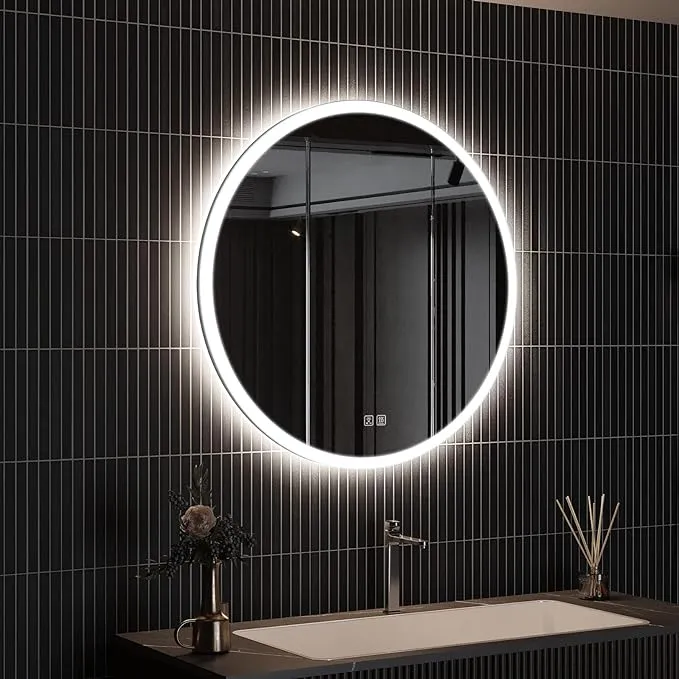 ROOMTEC Round Bathroom LED Lighted Mirror, Wall Mounted Vanity Makeup Mirror with Lights, 3 Colors Dimmable Brightness, IP54 Waterproof, Smart Touch Switch, Anti-Fog Circle Mirror for Wall (28 inch)