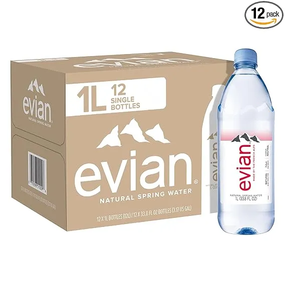 evian Natural Spring Water, Naturally Filtered Spring Water in Large Bottles, 33.81 Fl Oz (Pack of 12)