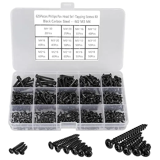 625pcs M2 M3 M4 Phillips Pan Head Self-Tapping Wood Screws,14 Sizes Cross Recessed Round Head Self Tapper Screws Assortment Kit for Wood,Plastic and Soft Metal,Black Carbon Steel,Sharp Point