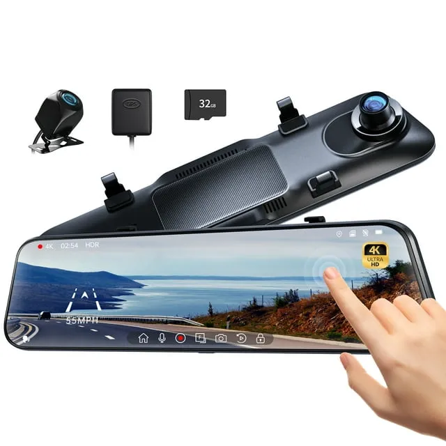 Pelsee P12 Pro 4K Mirror Dash Cam, 12'' Rear View Mirror Camera Smart Driving Assistant w/ADAS and BSD,2160P Front and Rear Camera,Voice Control,Night Vision,Parking Monitoring,Free 32GB Memory Card