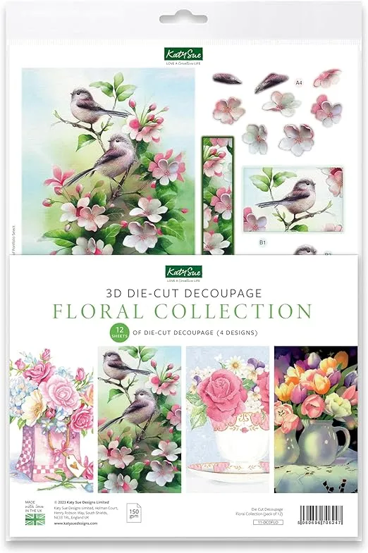 Katy Sue Designs Floral Collection 3D Die-Cut Decoupage Sheets for Card Making. A Pack of 12 Sheets of Floral-Themed Die Cuts for Card Making Supplies or Scrapbooking