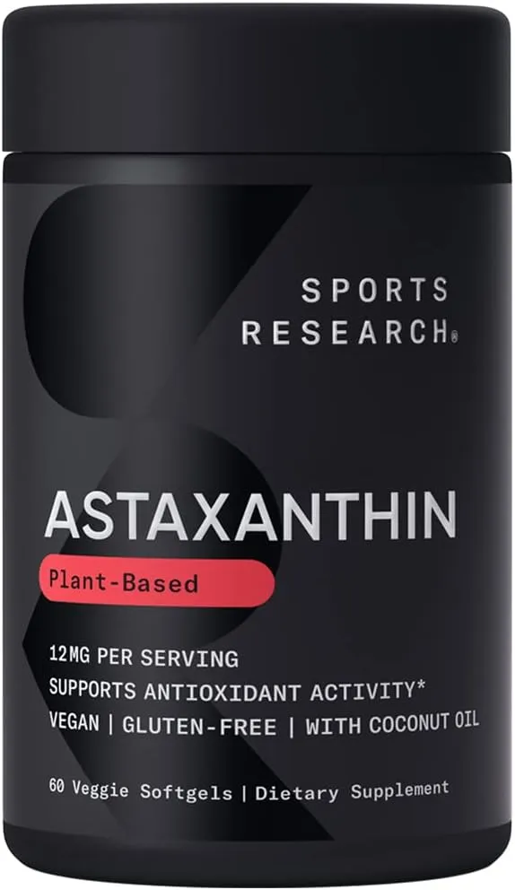 Sports Research Triple Strength Astaxanthin Supplement from Algae w/Organic Coconut Oil - Natural Support for Skin & Eye Health - Non-GMO & Gluten Free - 12mg, 60 Softgels for Adults - 2 Month Supply