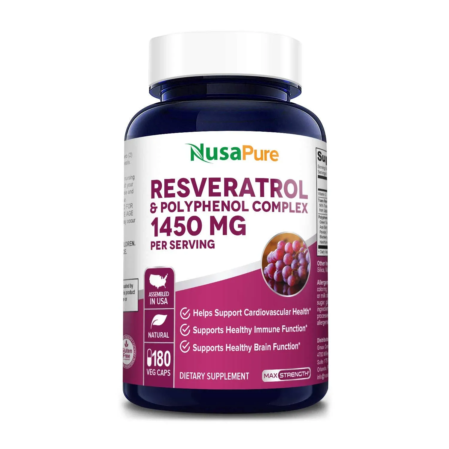 Resveratrol & Polyphenol Complex 1450 mg 180 Vegetarian Caps (Non-GMO & Gluten Free) Vitamin C