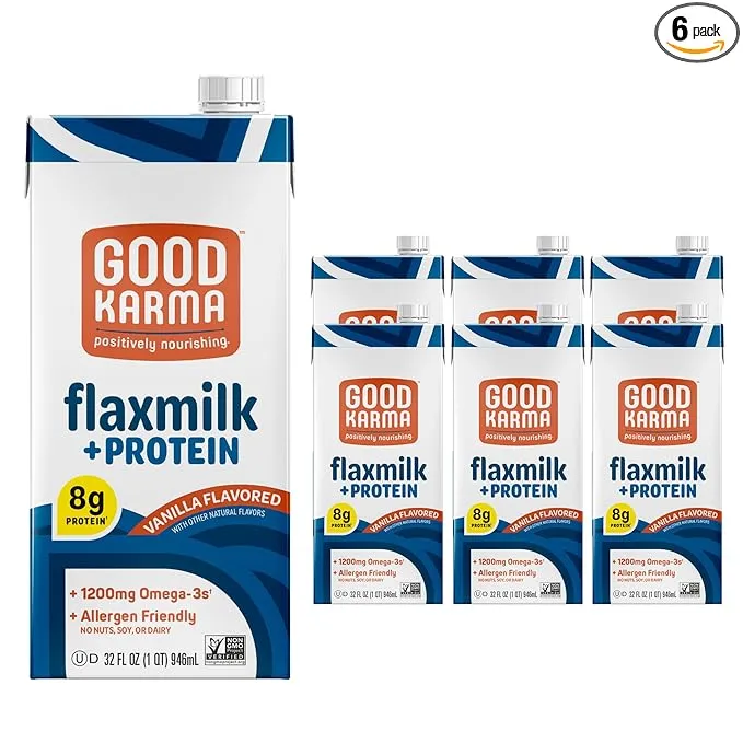 Good Karma Vanilla Flaxmilk +Protein, 32 Ounce (Pack of 6), 5g Plant Protein + 1200mg Omega-3 Per Serving, Plant-Based Non-Dairy Milk Alternative, Lactose Free, Nut Free, Vegan, Shelf Stable