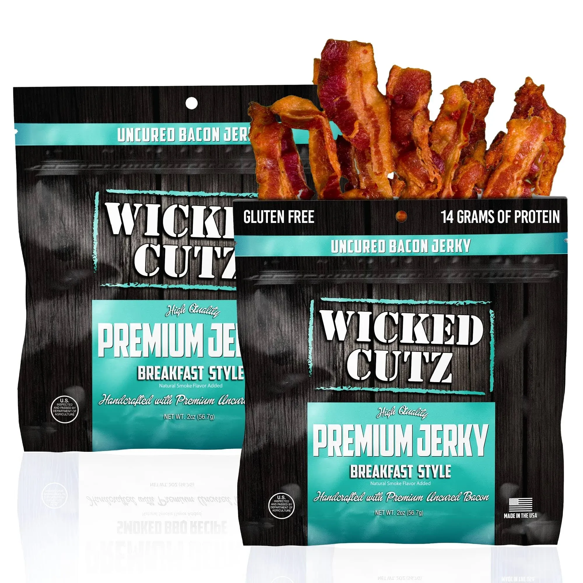 Wicked Cutz Breakfast Style Bacon Jerky Tender Flavorful Easy to Chew Premium Craft Bacon Jerky with 14g of Protein Per Bag