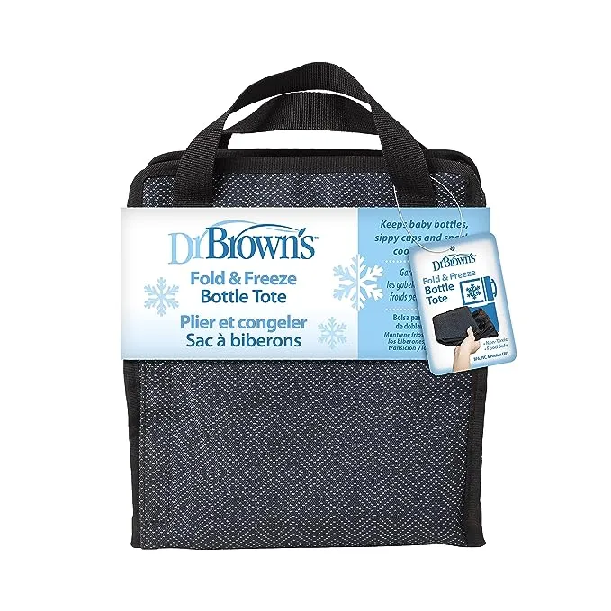 Dr. Brown's Fold & Freeze Bottle Tote, Insulated Cooler Bag, Holds 6 Baby Bottles, Black, 1 Pack