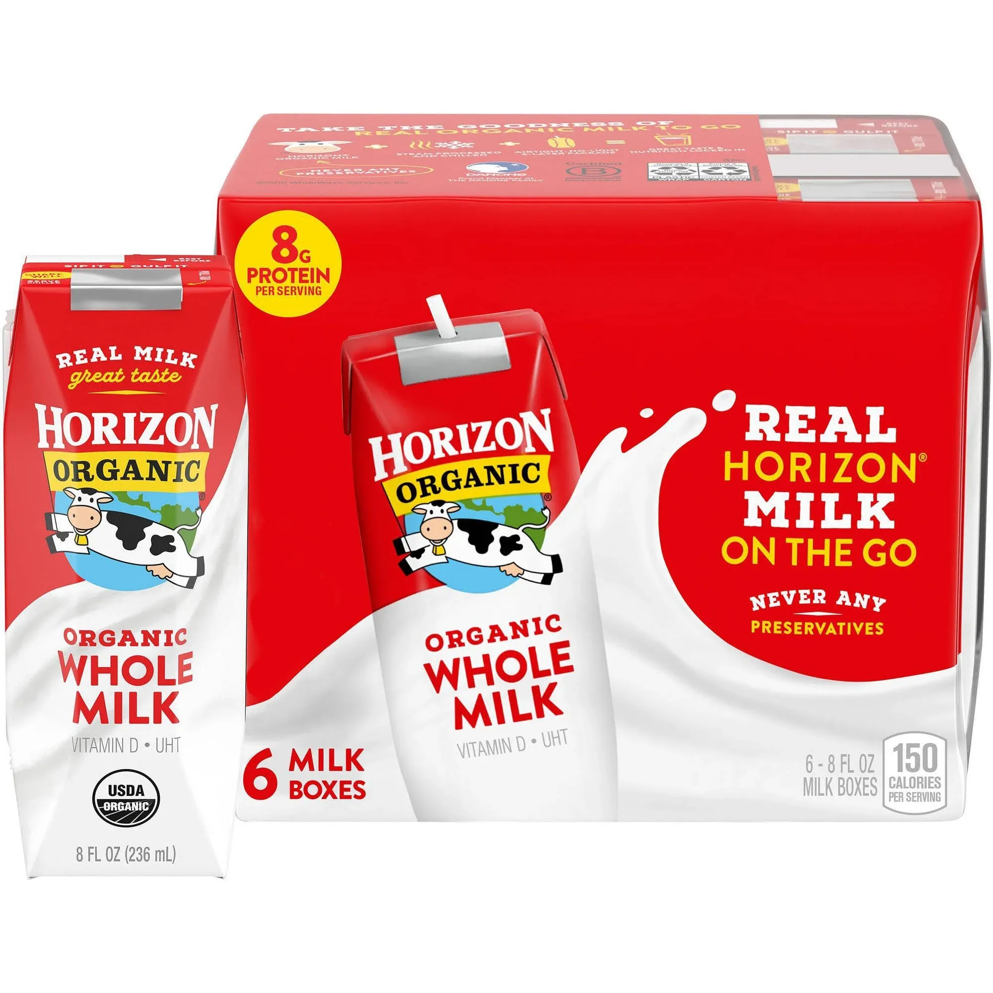 Horizon Organic Milk, Organic, Whole - 6 pack, 8 fl oz milk boxes