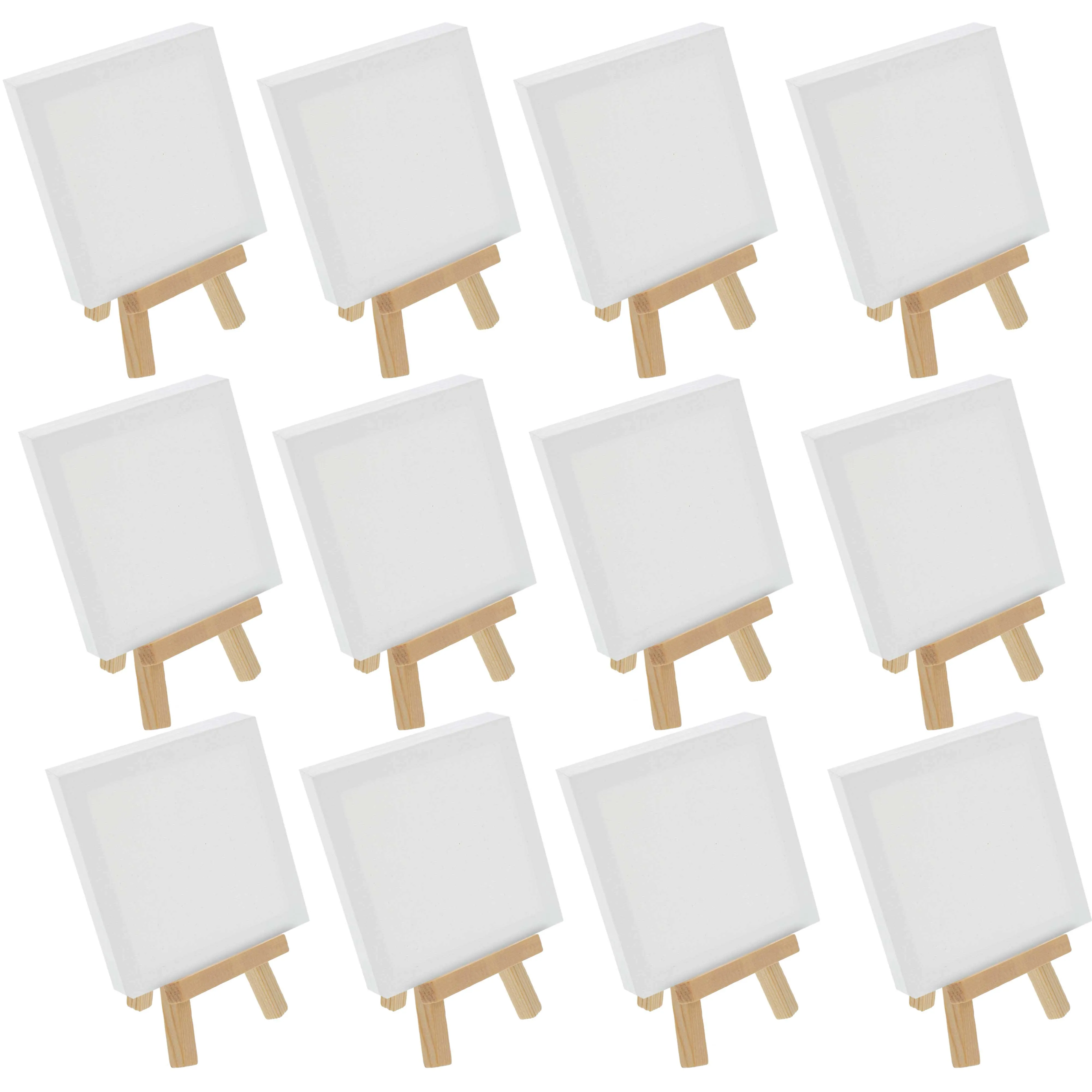 12pk 5&#034; x 5&#034; Stretched Canvas, 8&#034; Natural Wood Display Easel Kit, Artist Stand