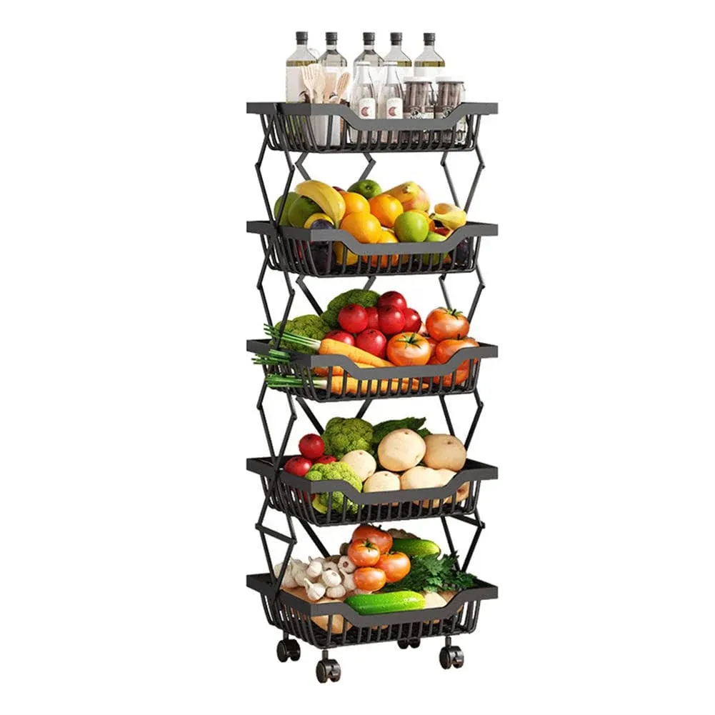 Fruit Storage Basket Rolling Stackable Vegetable Fruit Basket Utility Cart Rack Storage Organizer Bin for Kitchen Pantry Closet Bedroom Bathroom (Black, 5 Tier-A)